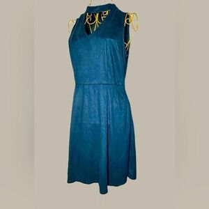 Altar’d State Faux Suede Mock Neck Dark Blue Dress w/ Pleated Skirt & Pockets, M